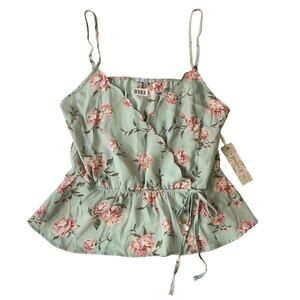IRIS BASIC Women Blouse L Mint Green Floral Cami Ruffle V-Neck Tie Adjustable